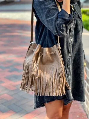 Fringed Boho Bucket Shoulder Bag - Taupe